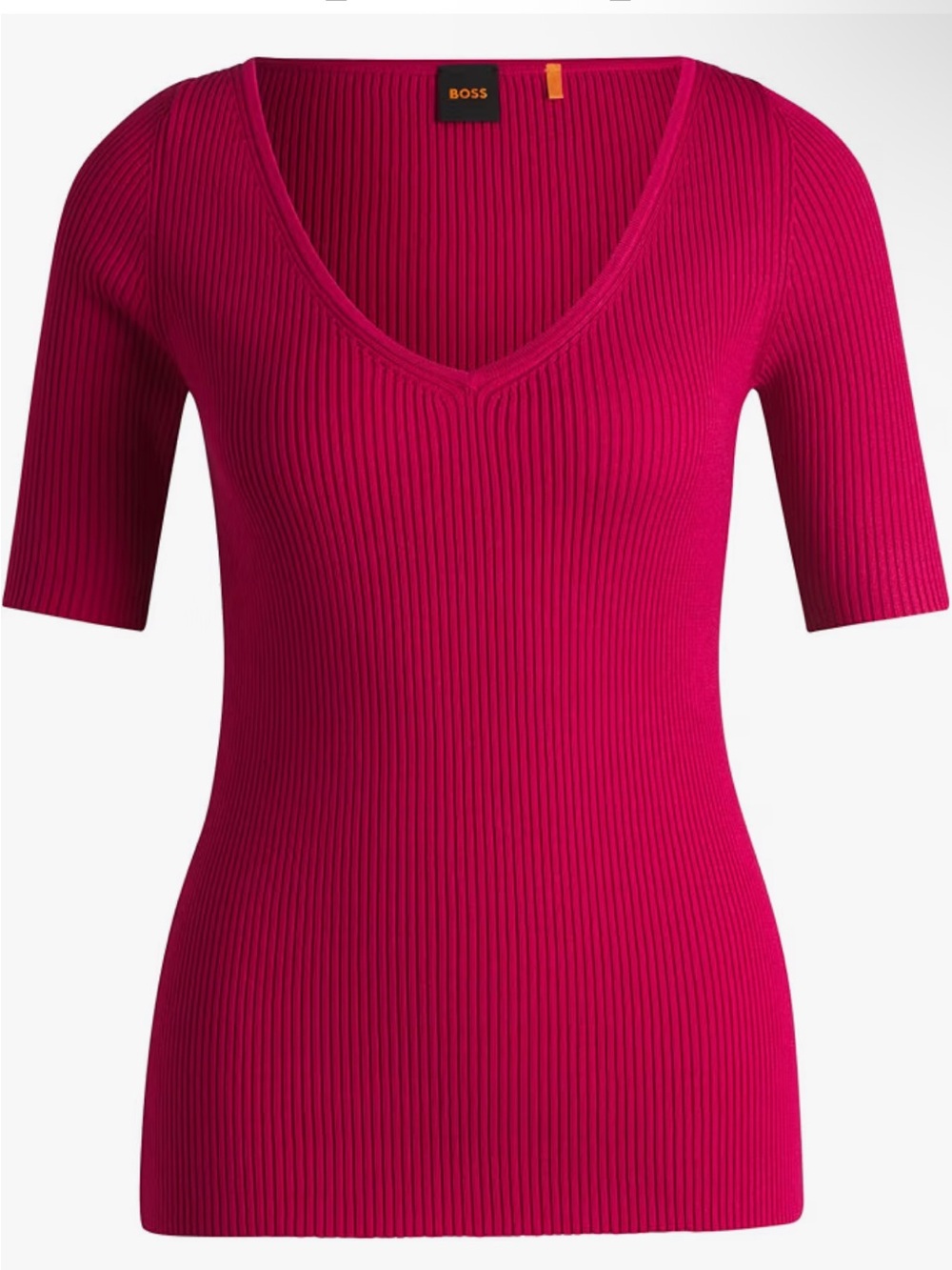 BOSS Ribbed V-Neck Short-Sleeve Sweater in Fuchsia Pink